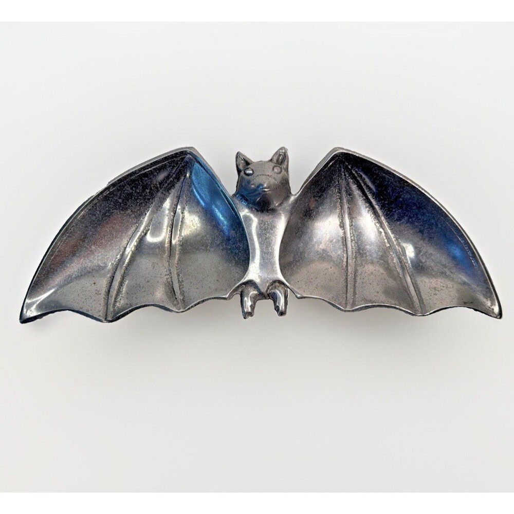 Heavy Silver Cast Metal Bat Tray Halloween Candy Dish Goth Catchall Trinket Bowl
